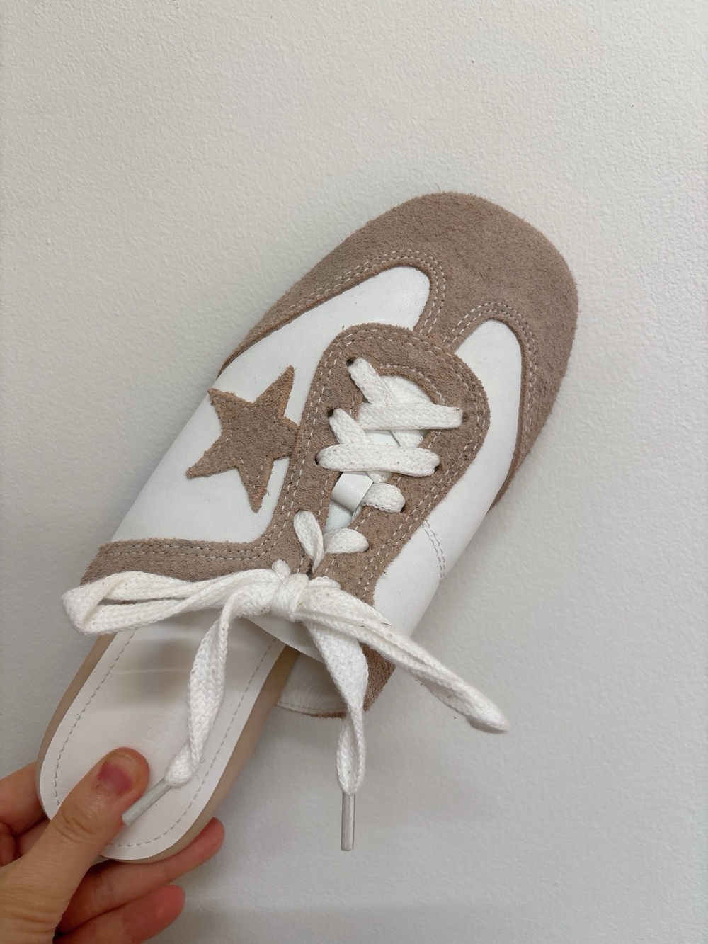 Women’s Two-Tone Suede-Trim Lace-Up Slip-On Sneaker Mule in Beige and White